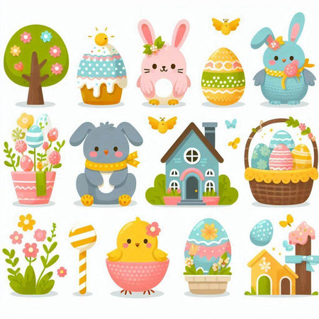 Set of cute cartoon easter eggs in basket, bunny, chick, rabbit, house, flower, bird, tree, flower. Vector illustration.のイラスト素材