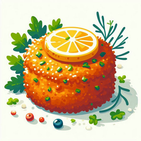 Illustration of a delicious orange cake decorated with parsley and lemonのイラスト素材