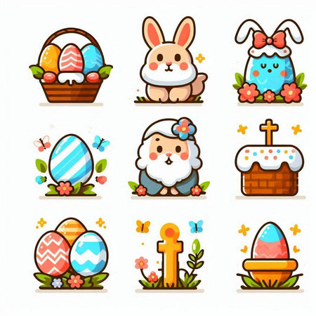 Easter icons set with bunny, eggs and rabbit. Vector illustrationのイラスト素材