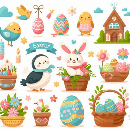 Easter set with eggs in basket, chick, bunny, bird, flowers, candle, house and rabbit. Cute cartoon vector illustration.のイラスト素材