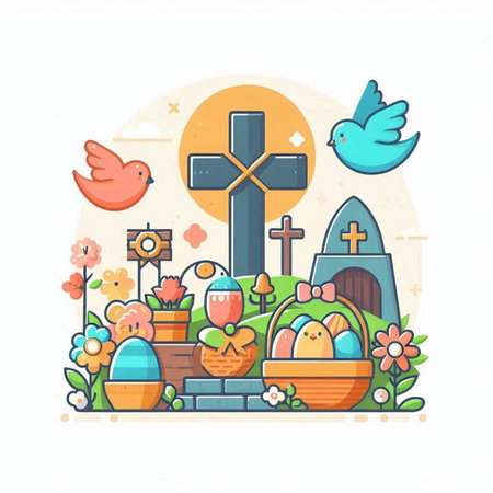 Easter greeting card with eggs, cross, flowers and birds. Vector illustration.のイラスト素材