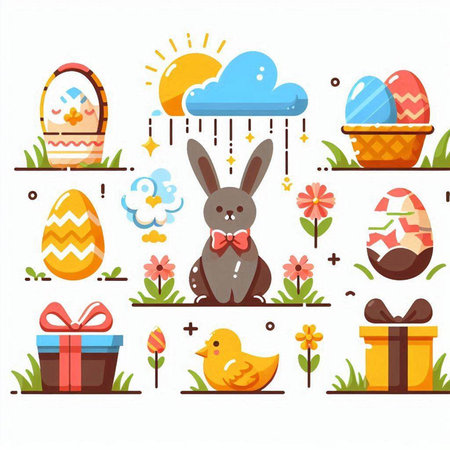 Easter eggs, flowers, birds and bunny. Vector illustration.のイラスト素材
