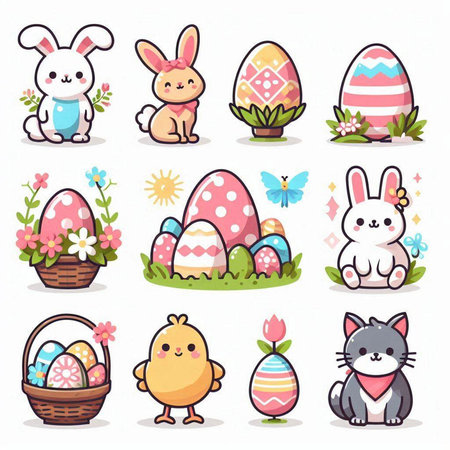 Cute easter bunny, chicken, rabbit, egg, butterfly, flower in basket and eggs vector illustration.のイラスト素材
