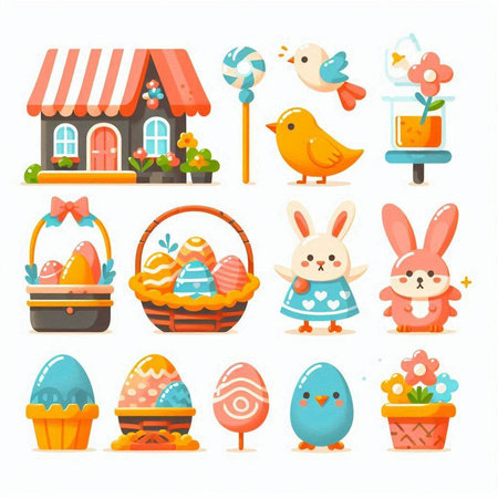 Easter set. Cute cartoon characters with colorful eggs, bunny, bird, basket, house, birdhouse, candies. Colorful vector illustration.のイラスト素材