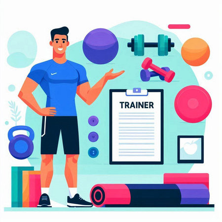 Fitness trainer flat color vector faceless character. Man in sportswear standing near training equipment. Athlete doing exercises with dumbbells and dumbbells isolated cartoon illustrationのイラスト素材
