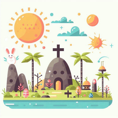 Cute cartoon illustration of a Christian church on the beach. Vector illustrationのイラスト素材