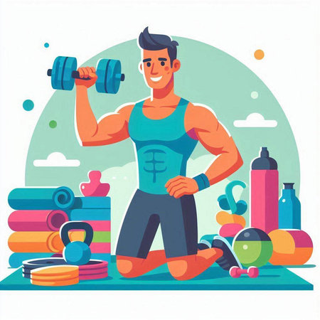 Fitness man with dumbbells. Vector illustration in flat styleのイラスト素材