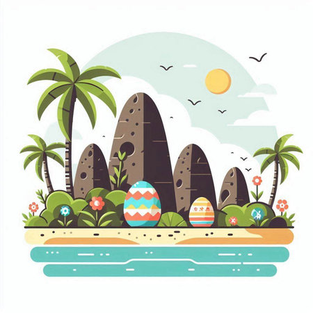 Vector illustration of the island with eggs and palm trees. Happy Easter.のイラスト素材