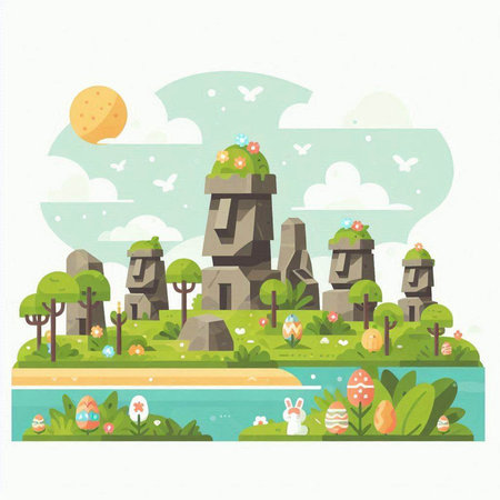 Cute cartoon landscape with stones, trees and eggs. Vector illustration.のイラスト素材
