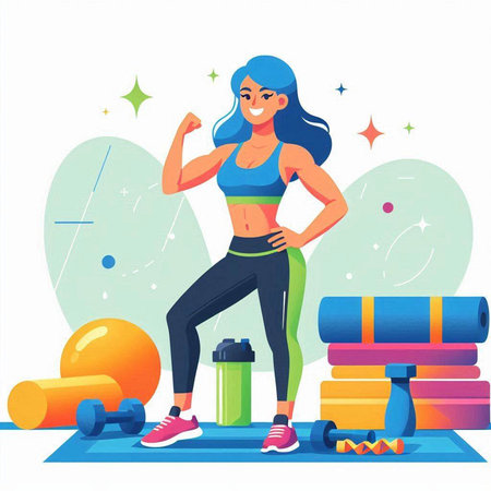 Fitness girl with sport equipment. Vector illustration in cartoon style.のイラスト素材
