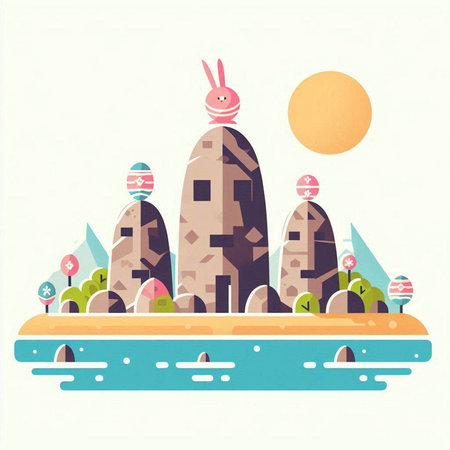 Landscape with mountains, trees and rabbits. Vector illustration in flat style.のイラスト素材