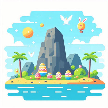 Easter holiday vector illustration. Cute cartoon landscape with mountains, flowers and eggs.のイラスト素材