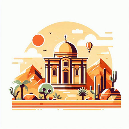 Desert landscape with ancient temple, cactuses and sun. Vector illustration.のイラスト素材