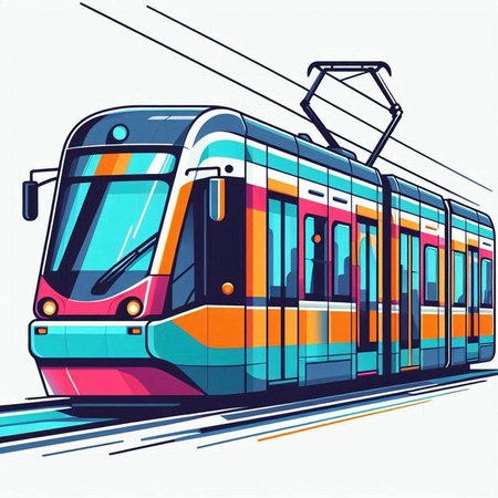 Modern tram on the background of the city. Vector illustration in cartoon styleのイラスト素材