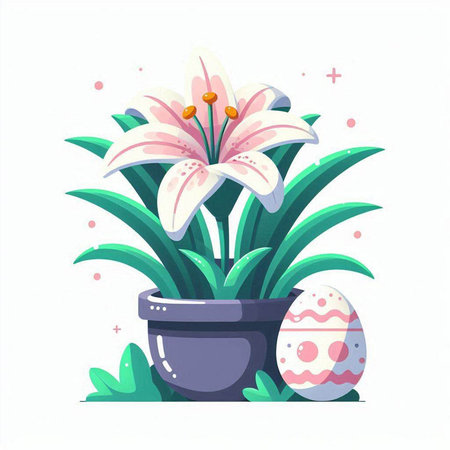 Easter egg with lily flower in a pot. Vector illustration.のイラスト素材