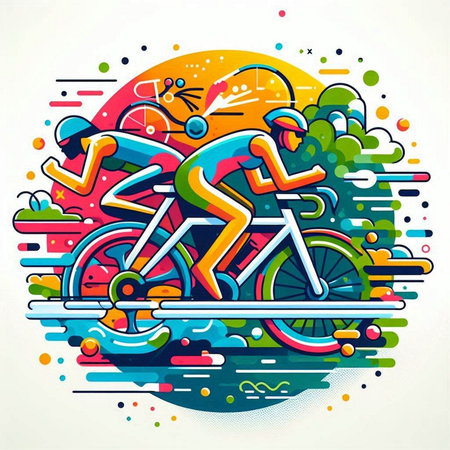Vector illustration of a cyclist riding a bicycle in colorful abstract background.のイラスト素材