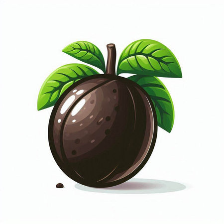 Illustration of a black plum with leaves on a white background.のイラスト素材