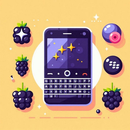 Mobile phone with blackberries and blueberries. Vector flat illustration.のイラスト素材