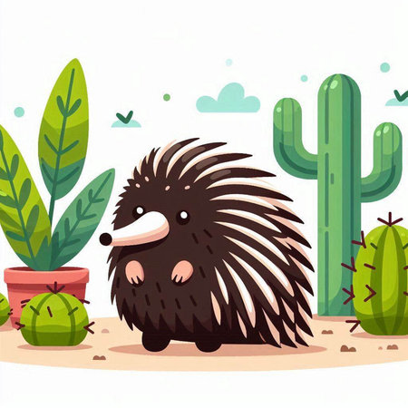Cute cartoon hedgehog in desert with cactuses. Vector illustration.のイラスト素材