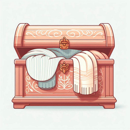 Wooden chest with a stack of towels. Vector illustration in cartoon style.のイラスト素材