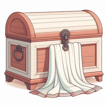 Illustration of a wooden chest with a curtain on a white backgroundのイラスト素材