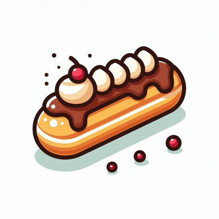 Eclair with cream and cherry on a white background. Vector illustrationのイラスト素材