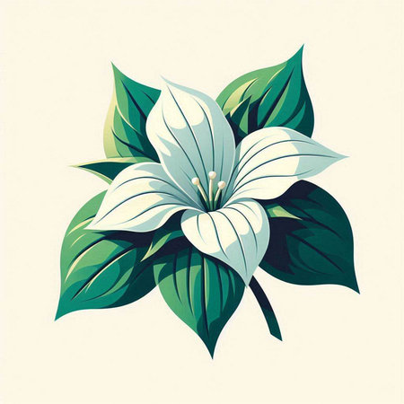Vector illustration of a beautiful white flower with green leaves on a light backgroundのイラスト素材