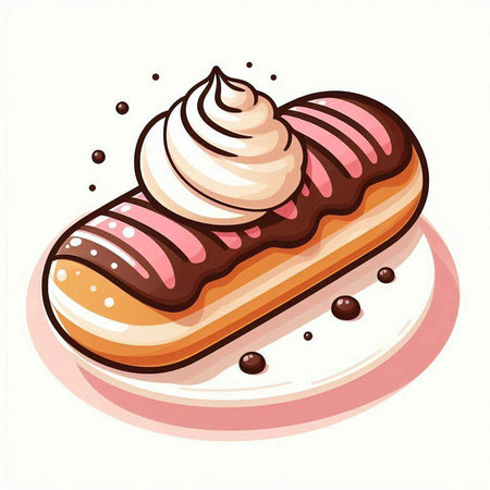 Vector illustration of a chocolate eclair with whipped cream on a white backgroundのイラスト素材