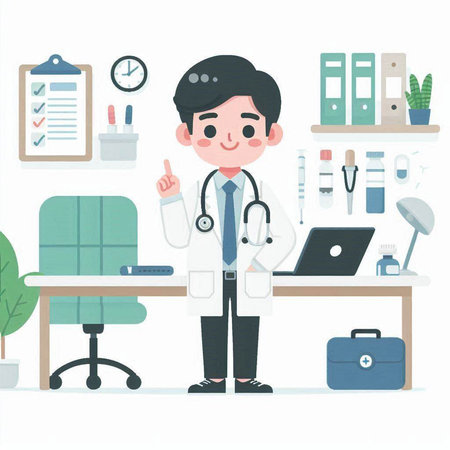 Illustration of a male doctor in the office. Vector illustration.のイラスト素材