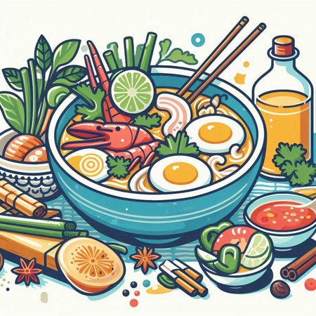 Noodle soup in bowl with chopsticks and ingredients. Vector illustration.のイラスト素材