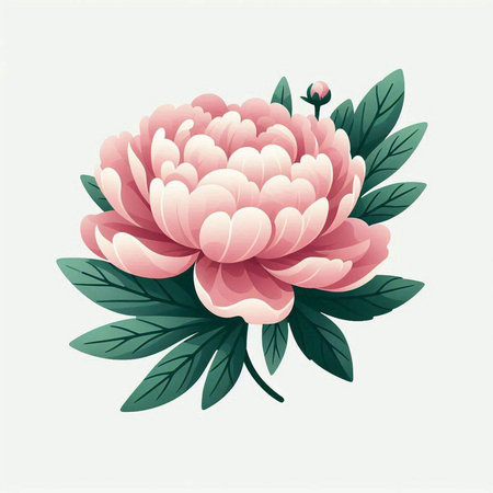Beautiful pink peony flower with green leaves. Vector illustration.のイラスト素材