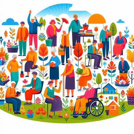 Elderly people in garden, vector illustration. Flat style design.のイラスト素材