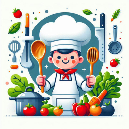 Cartoon chef with vegetables and utensils. Vector illustration.のイラスト素材