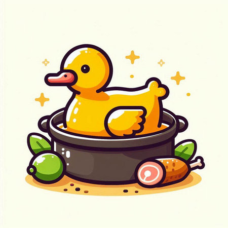 Cute yellow rubber duck in the pot. Vector cartoon illustration.のイラスト素材