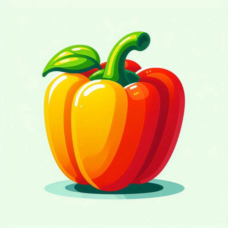 Illustration of a red and yellow bell pepper on a blue backgroundのイラスト素材