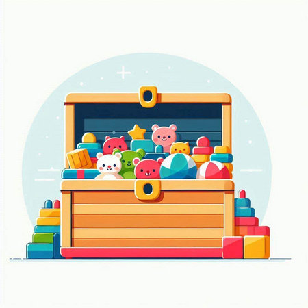 Children's toys in a wooden box, vector illustration, flat styleのイラスト素材