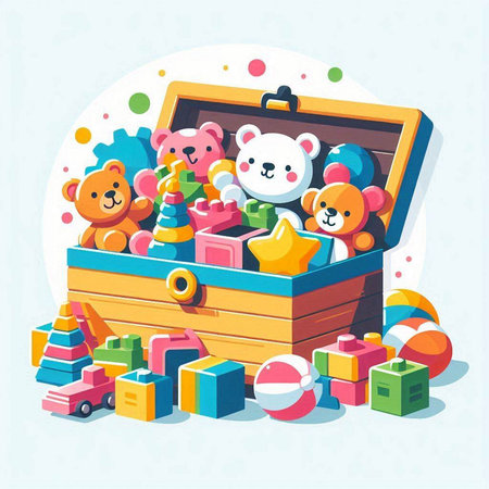 Teddy bear toys in wooden box. Vector illustration in cartoon styleのイラスト素材