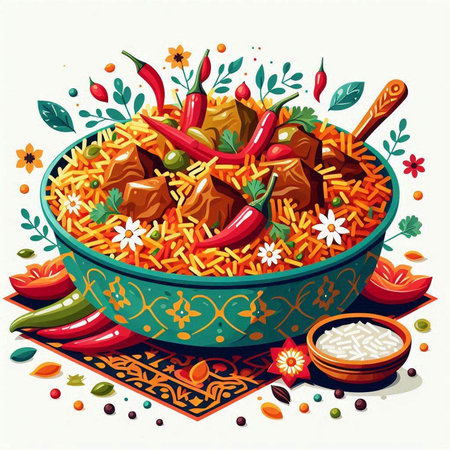 Indian cuisine. Vector illustration of pilaf in a bowl with vegetables.のイラスト素材
