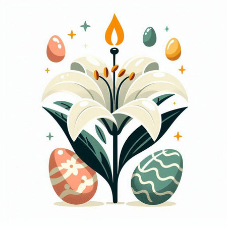 Easter greeting card with white lily and painted eggs. Vector illustration.のイラスト素材