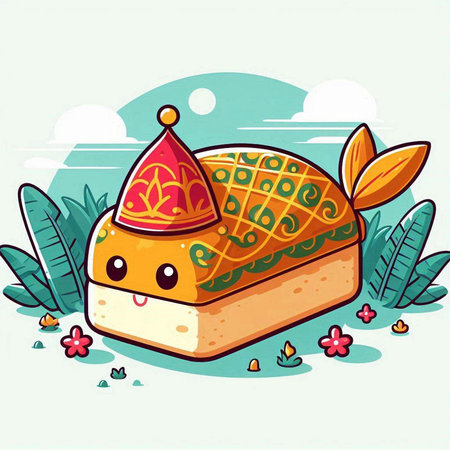 Illustration of a Cute Cartoon Cake Mascot Character with a Crownのイラスト素材