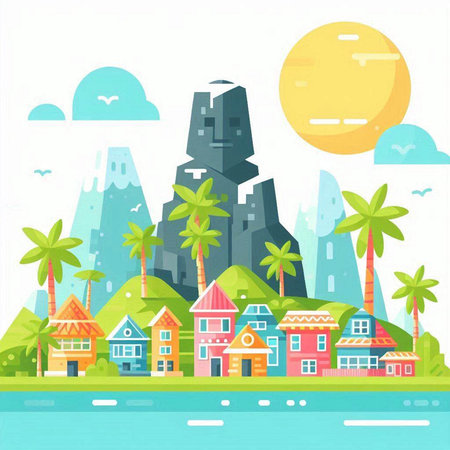 Vector illustration of the island in flat style with houses and palms.のイラスト素材