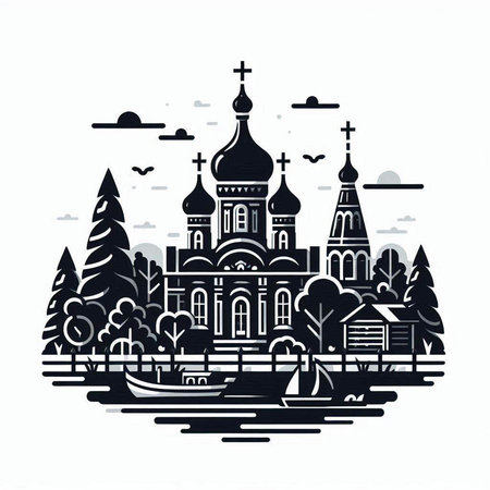 Church of the Intercession of the Holy Virgin on the River Nerl. Monochrome vector illustrationのイラスト素材