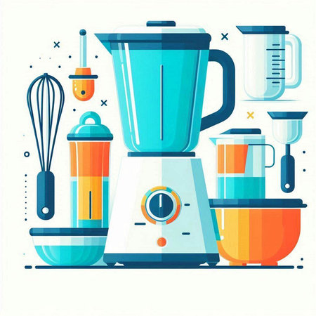 Kitchen appliances. Blender, mixer, whisk, bowl, mixer. Flat vector illustration.のイラスト素材