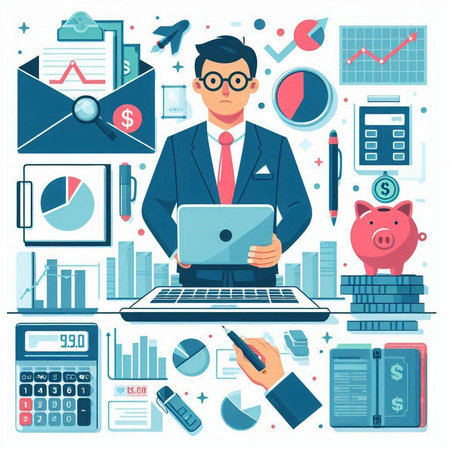 Businessman working on laptop computer. Flat design vector illustration concept.のイラスト素材