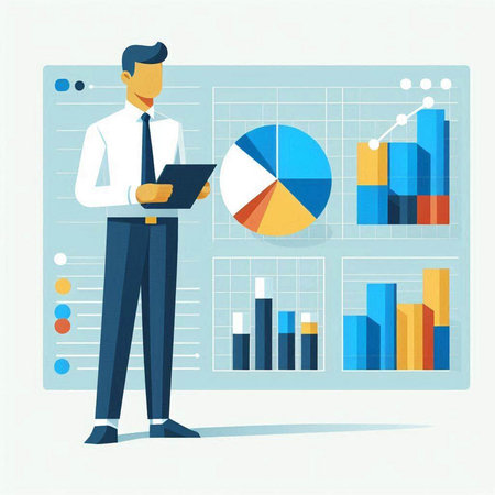 Businessman with tablet and charts. Vector illustration in flat style.のイラスト素材