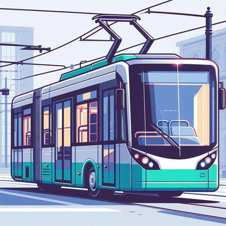Modern city bus on the background of the city. Vector illustration.のイラスト素材