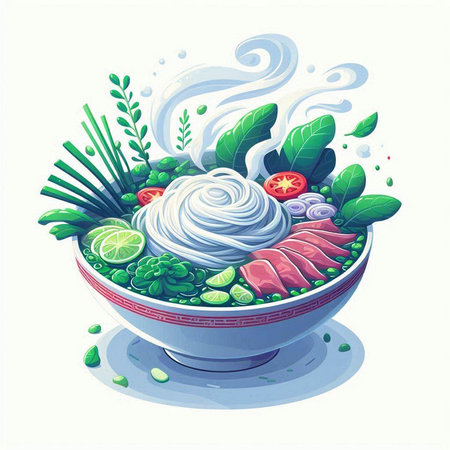 Illustration of a bowl of soup with noodle and vegetables.のイラスト素材