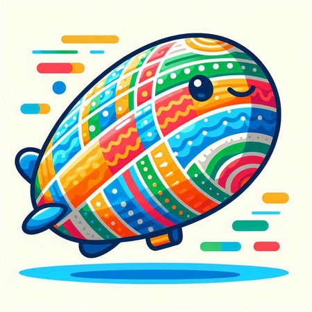 Illustration of Cute Colorful Cartoon Airship with Rainbow Backgroundのイラスト素材