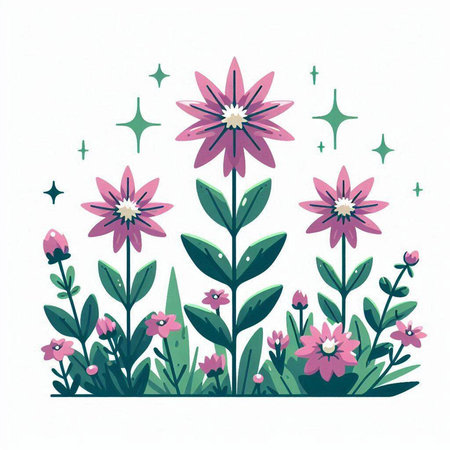 Vector illustration of a floral background with pink flowers and green leaves.のイラスト素材