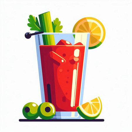 Bloody Mary cocktail with lime, celery and olives. Vector illustration.のイラスト素材